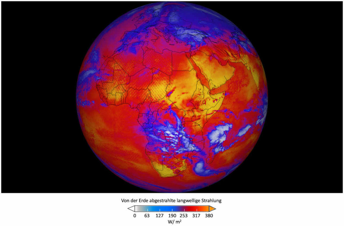 Treibhauseffekt - Von der Atmosphäre emitttierte langwellige Strahlung ©NASA CERES-Experiment