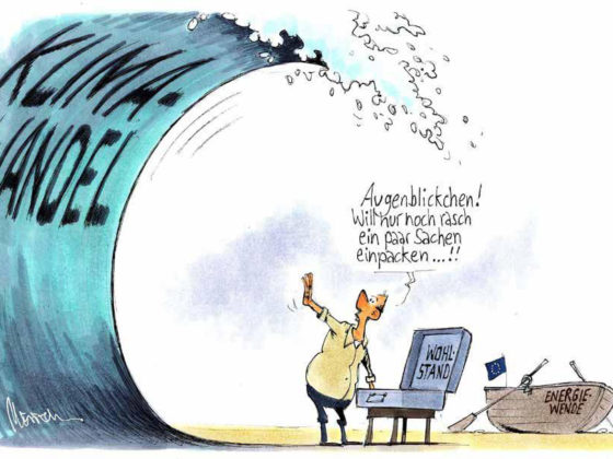 Klimawandelleuger – Karikatur von Gerhard Mester – Klimawandel Tsunami